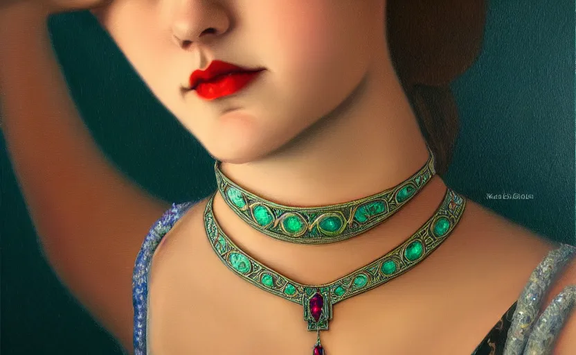 Image similar to highly detailed oil painting, centered in image, art nouveau, ornate, delicate, brilliant magical gemstones choker, around a neck, octane render, realistic, dramatic light,
