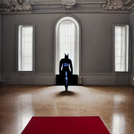 Image similar to Batman standing in giant Italian modern castle living room, clean minimalist design, that is 1300 feet tall, with very tall giant walls filled with modern art paintings, doors that are cosmic portals, photo by Annie Leibovitz