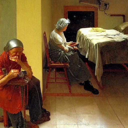 Image similar to elderly cyborg weeping desperate grandma trying to figure out how to order an online pizza sitting in her small room glaring at her lenovo thinkpad laptop t 4 1 0 8 gb ram norman rockwell leonardo da vinci giotto jamie wyeth greg rutkowski winslow homer thomas eakins lucian freud edward hopper j. m. w. turner oil painting anachronistic realism