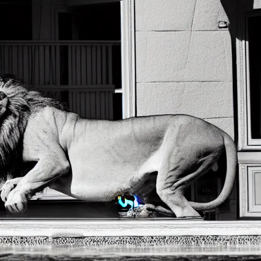 Image similar to a very detailed photo of a lion ( smoking a cigar ) outside the mansion by the pool