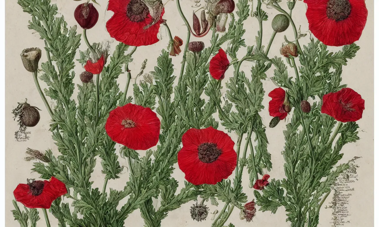 Image similar to botanical illustrations of papaver somniferum in the style of carl linnaeus, on parchment, watercolour, highly detailed 8 k /