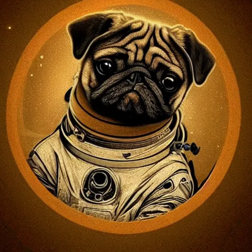 Image similar to pencil art, golden - ratio, spirals, highly detailed, astronaut pug in outer space by davinci.