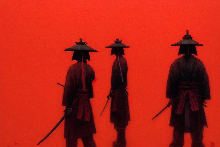 Image similar to only with red, a red samurai harakiri, tokio, a lot of frogs watch, in the style of beksinski, parts by edward hopper, parts by rodcenko, parts by yue minjun, intricate and epic composition, red by caravaggio, insanely quality, highly detailed, masterpiece, red light, artstation, 4 k