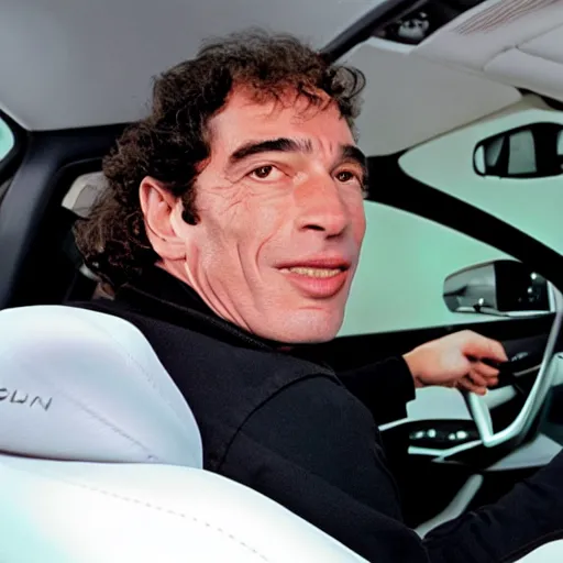 Image similar to photo of Ayrton Senna talking on smarthphone, driving a tesla