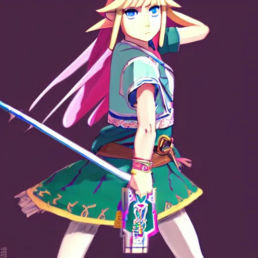 Image similar to a beautiful! young feminine link from botw, wearing japanese catholic school girl outfit with mayan pattern and native style, aztec street fashion, guilty gear art direction, perfect anime face, gapmoe yandere grimdark, trending on pixiv fanbox, painted by greg rutkowski makoto shinkai takashi takeuchi studio ghibli, akihiko yoshida