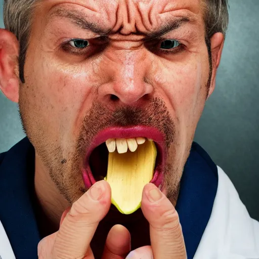 Image similar to extremely detailed portrait closeup of a doctor angrily yelling at a corncob, bloodshot teary eyes and immense anger