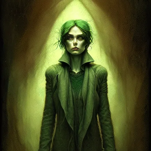 Prompt: portrait top light, by killian eng and bernie wrightson and martin deschambault and tom bagshaw, inspired by city of lost children, green and brown only, etching, fine, sharp high detail,