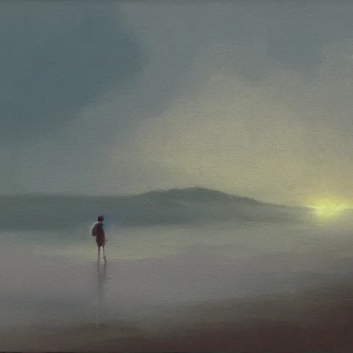 Image similar to atmospheric dreamscape painting of a boy standing on the beach on a foggy day, by moebius and john harris, atmospheric blues, concept art, saturation 40