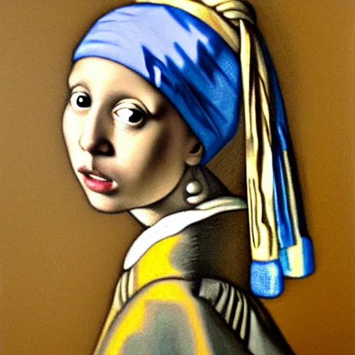 Image similar to a portrait of a young girl wearing a pearl earring. The girl is looking over her shoulder at the viewer with a sly expression on her face. naturalistic style with soft, muted colors. The girl's face is the only part of the painting that is in sharp focus. The rest of the painting is done in a soft, blurry style. The girl's face is lit from the left, creating a soft, halo-like effect around her head. The pearl earring is the only source of light in the painting. an oil tronie painting by Johannes Vermeer.