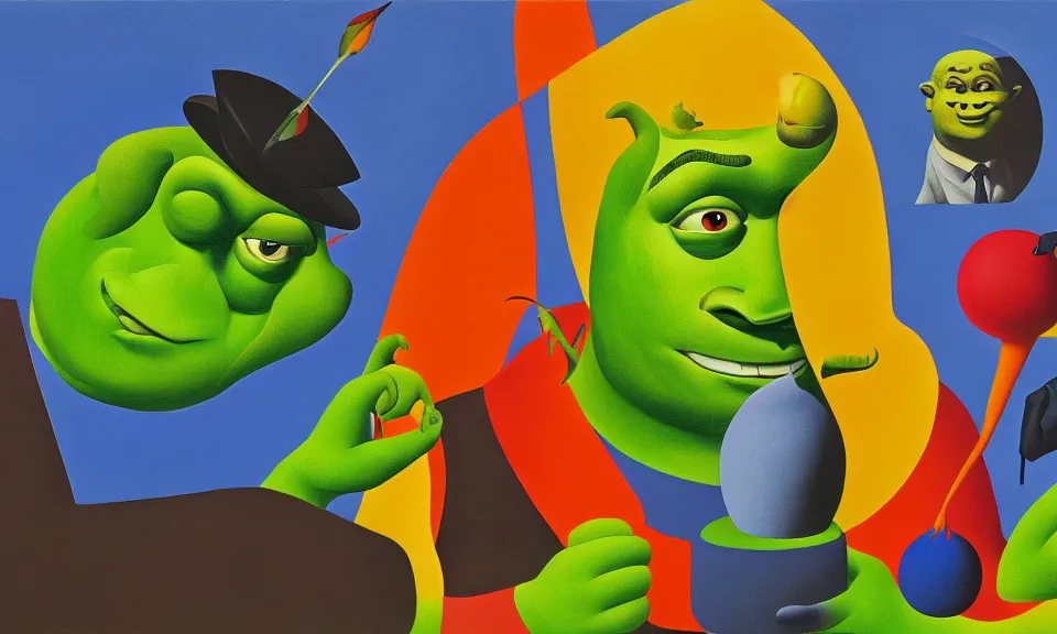 Image similar to a surrealist painting of shrek by alexandr archipenko and rene magritte and joan miro, 4 k, trending on artstation, detailed, film still