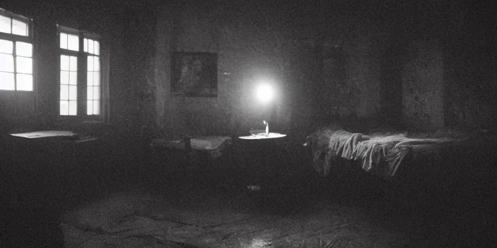 Image similar to nighttime, a very dark room at night lit only by candlelight, black and white, grungy