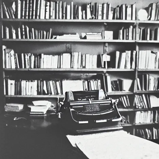 Prompt: 1880, inside a female writer room, Remington typewriter, many plants, many books, piles of books, beautiful light, long shadows, 50 mm lens, crackles, scratches, dust, stains