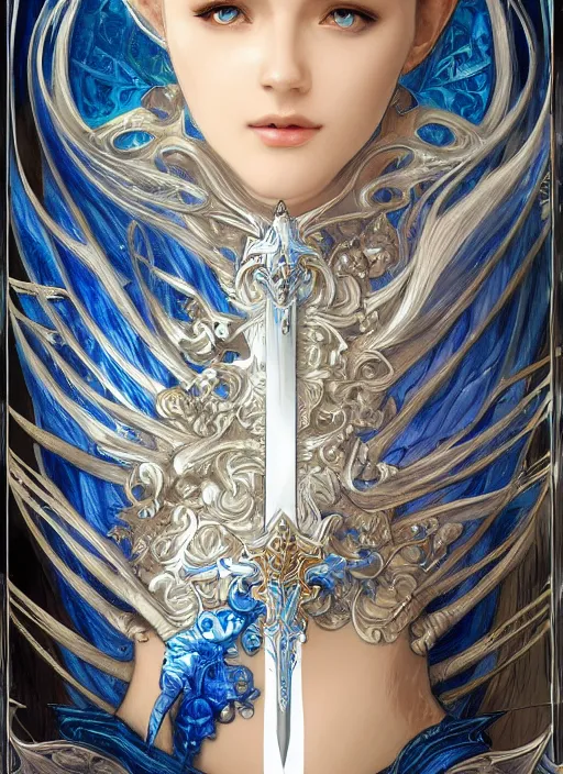 Image similar to blue fantasy sword, intricate, elegant, highly detailed, digital painting, 4k, HDR, concept art, detailed jewelry, smooth, sharp focus, illustration, art by Artgerm, H R Giger and Alphonse Mucha