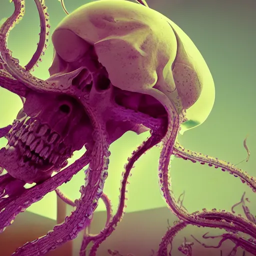 Prompt: a human Skull mutating into flowers, tentacles, unnatural shapes, jellyfish tentacles reaching out, coherent human Skull, insect, chaotic octane render, 3d digital art by beeple, unreal engine 5, award winning,