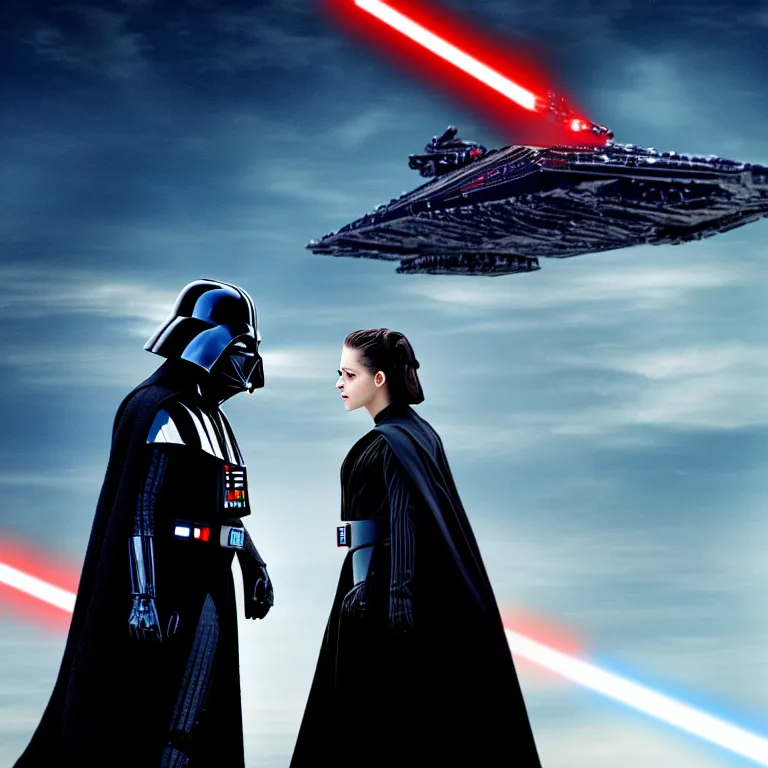 Image similar to darth vader and kristen stewart staying close together in front of, on the background star destroyer, romantic poster for the twillight movie high quality photorealistic