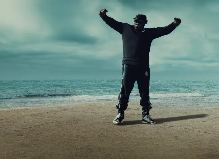 Prompt: Big shaq coming over the horizon , 35mm photography, highly detailed, cinematic lighting, 4k