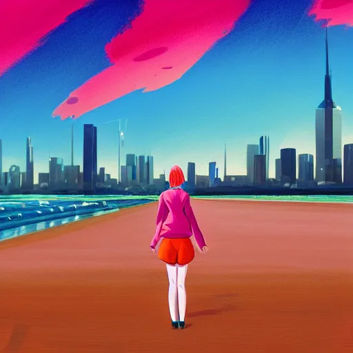 Image similar to lonely young woman with red hair, magenta coat, and light blue pants ; wandering a beach at sunset with a city skyline on the horizon, digital painting, anime inspired, warm lighting, swimming pool in foreground