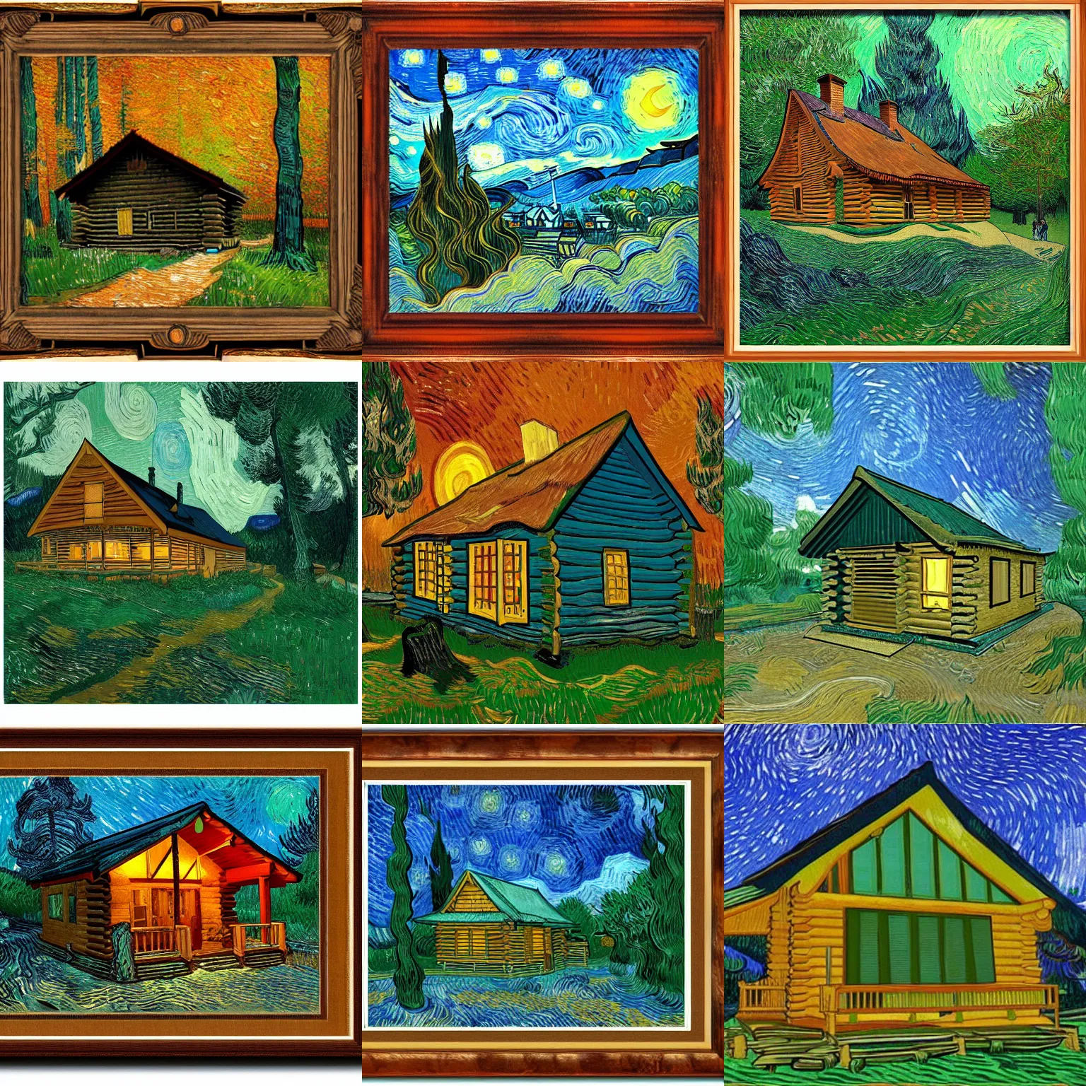 Prompt: [ a log cabin in the forest ] [ van gogh ] [ artgerm ]