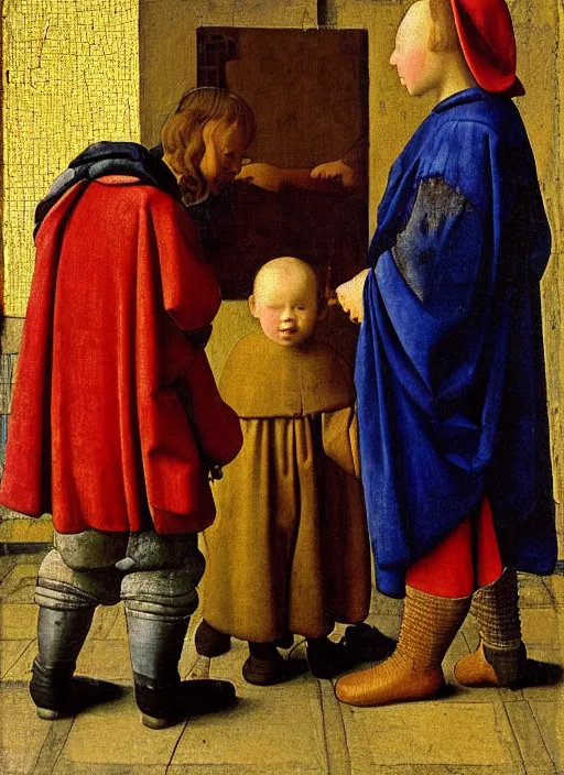 Image similar to Two little brothers meet a young man, medieval painting by Jan van Eyck, Johannes Vermeer, Florence