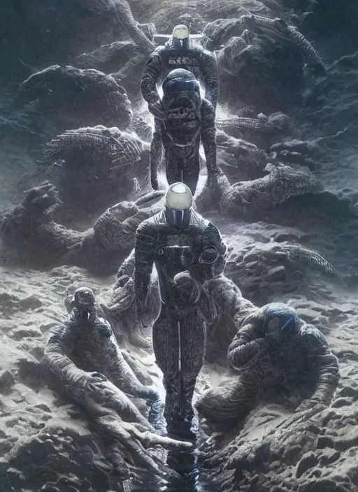 Image similar to astronauts in dark and empty void underwater - complex and hyperdetailed technical suit. reflection and dispersion materials. rays and dispersion of light. volumetric light. 5 0 mm, f / 3 2. noise film photo. flash photography. ultra realistic, wide angle. poster by wayne barlowe, hajime sorayama aaron horkey, craig mullins