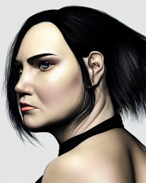 Prompt: portrait of a tall 4 0 - year - old woman with thin lips, long, voluminous black hair, and thick eyebrows, wearing in black clothes, hyper realistic face, beautiful eyes, character art, art by mark brooks, hyperdetailed, cryengine, trending on artstation, digital art