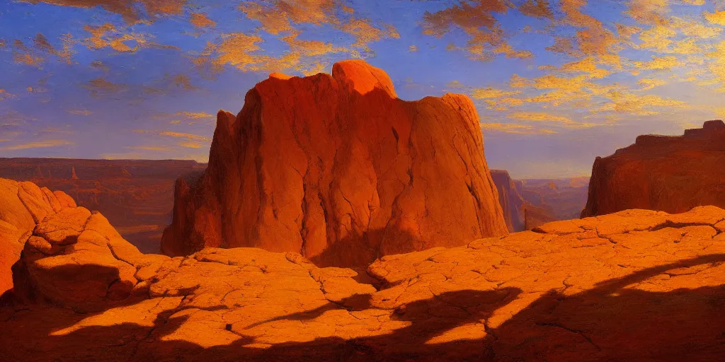 Prompt: a beautiful epic dramatic ethereal surrealist landscape painting of deep red sandstone buttes and mesas | yosemite, drumheller, grand canyon | golden hour, dramatic lighting, chiaroscuro, impressionist, surrealist | by alfred bierstadt, by frederic remington | trending on artstation