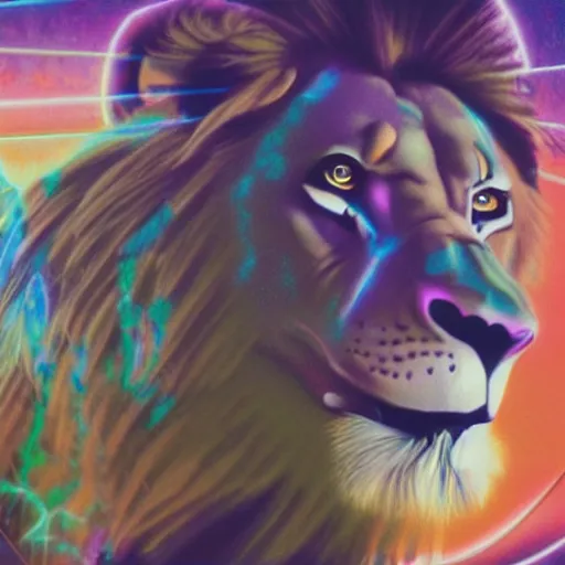 Image similar to a vhs still of a concept art with a anthropomorphic muscular male lion wearing sci fi clothing in a vaporwave artwork composition, windows 9 8 logo, in the movie lifeforce ( 1 9 8 5 ) 8 k, intricate, pastel colors