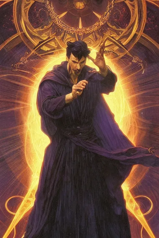 Prompt: An Epic Tarot Card of Dr. strange casting dynamic powerful spell. lit by dark evil magic portal, amazing colour harmony and variation, simple background, by Donato Giancola, William Bouguereau, John Williams Waterhouse and Alphonse Mucha