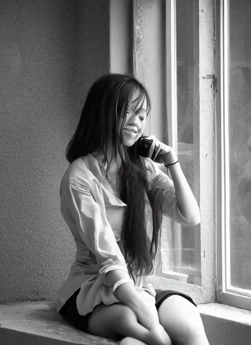 Prompt: photography girl looking sitting next to window by hiromix