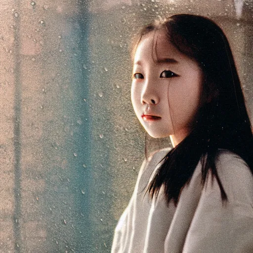 Image similar to 1990s perfect 8K HD professional cinematic photo of close-up japanese schoolgirl posing in dystopian hangar, at evening during rain, at instagram, Behance, Adobe Lightroom, with instagram filters, depth of field, taken with polaroid kodak portra