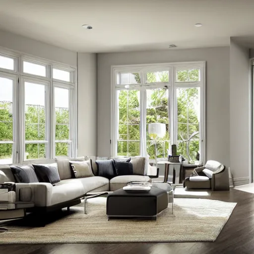 Image similar to photorealistic living room open space big windows