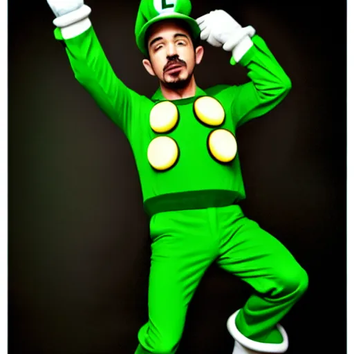 Prompt: uhd candid photo of shia lebeuouf dressed as luigi. cinematic lighting, photo by annie leibowitz, hyperdetailed.