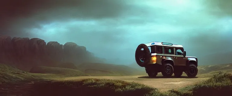 Prompt: Land Rover Defender 110 (1985), an epic fantasy, dramatic lighting, cinematic, establishing shot, extremely high detail, photorealistic, cinematic lighting, artstation, by simon stalenhag, The Elder Scrolls III: Morrowind, the Nerevarine drives across Morrowind, strange flora, Betty Netch floating around