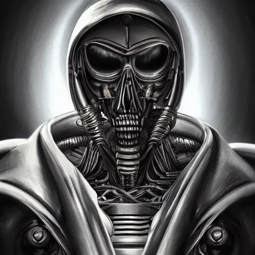 Prompt: a beautiful portrait of an evil cyborg, style of Welder Wings and H. R. Giger. Dark background, detailed, trending on Artstation