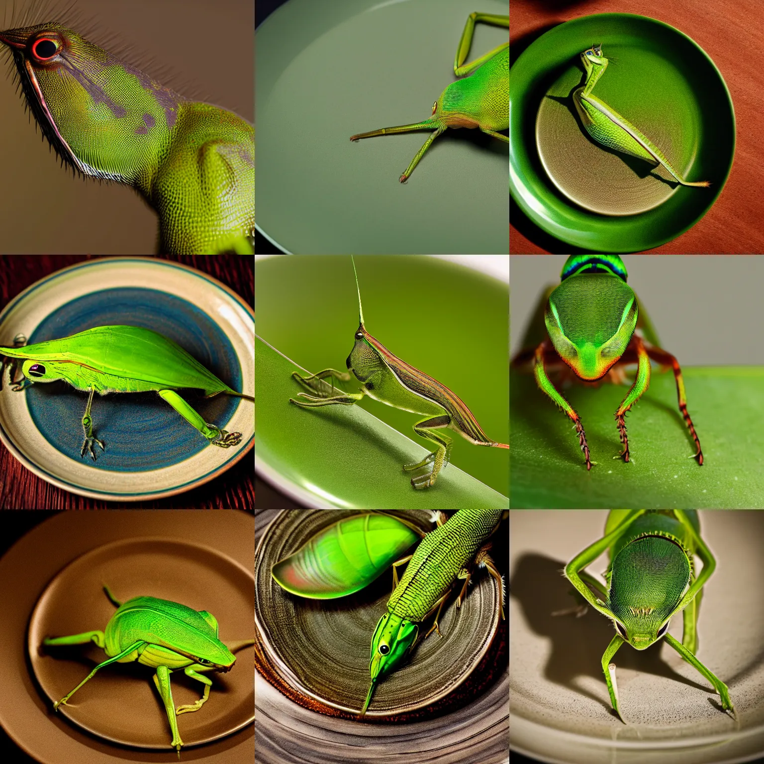 Prompt: portrait of a green grashopper sitting on the edge of a plate with leftovers, high definition, photorealistic, atmospheric light, macro lens, 8 k