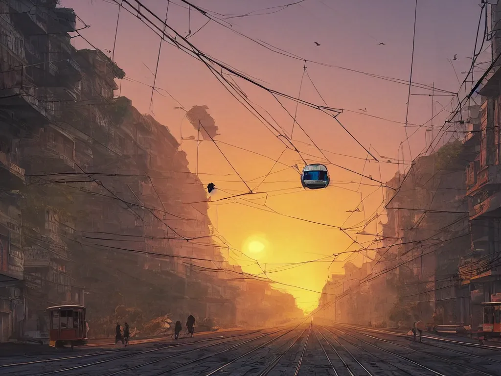 Image similar to streets of kolkata, sunset, airship in the sky over tram, train on road, clear skies in the distance, hyperreal, artstation