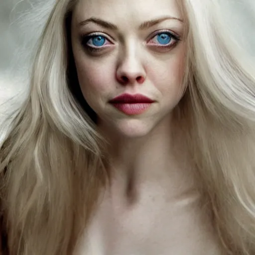 Image similar to photo of amanda seyfried, full platinum blond, pale skin, freckle, by annie leibovitz, realistic, high detail, high quality, trending on pinteresst