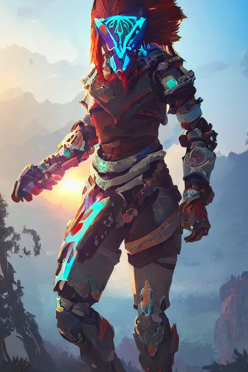 Image similar to combination suit armor aloy horizon forbidden west horizon zero dawn radiating a glowing aura global illumination ray tracing hdr fanart arstation by ian pesty and alena aenami artworks in 4 k tribal robot ninja mask helmet backpack