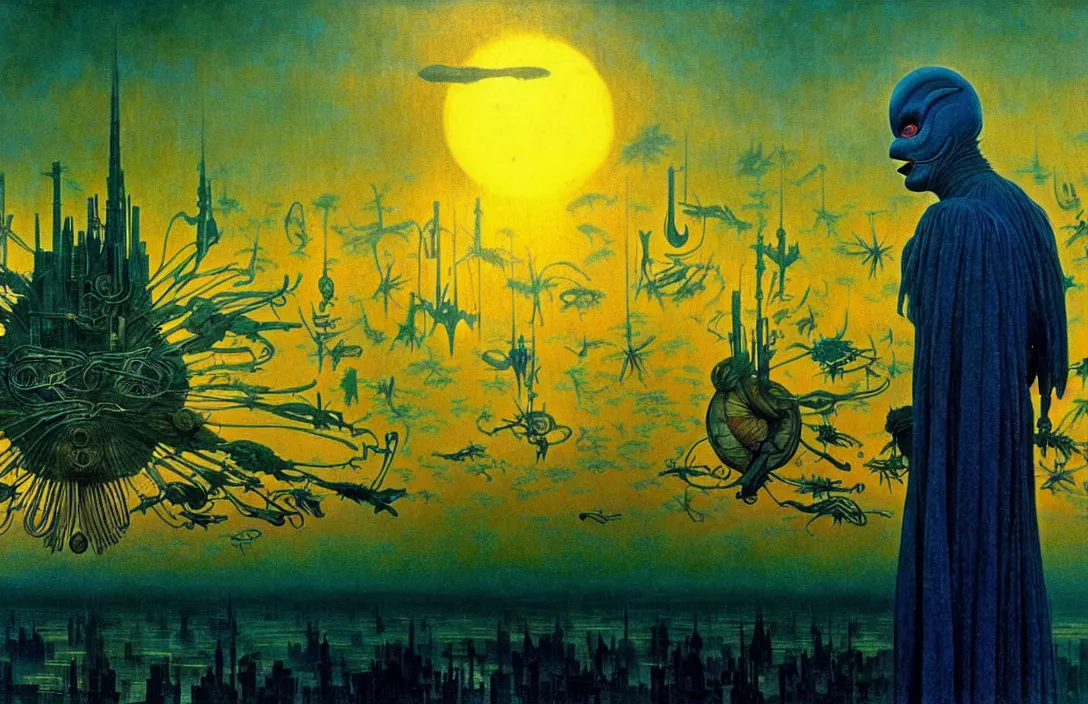 Image similar to extremely detailed portrait film shot of a birdman wearing dark ragged robes, scifi city sunrise landscape background by denis villeneuve, amano, yves tanguy, alphonse mucha, ernst haeckel, max ernst, roger dean, dramatic closeup composition, rich moody colours, blue eyes