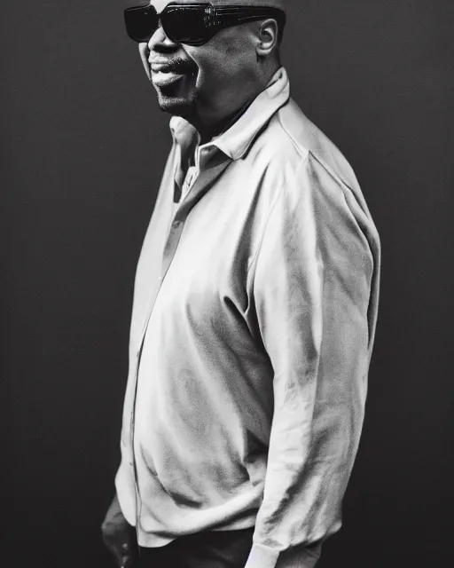 Image similar to Fully-clothed full-body candid portrait of Stevie Wonder, Canon EOS R5, 50mm, F1.4, black background, dark studio lighting, professional, 8K