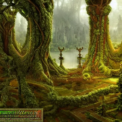 Image similar to a beautiful and highly detailed matte painting of an elven temple in a magical fantasy garden in a lush forest, celtic knots, ancient runes, knotted trees, intricate details, epic scale, insanely complex, 8 k, sharp focus, hyperrealism, very realistic, by caspar friedrich, albert bierstadt, james gurney, brian froud,