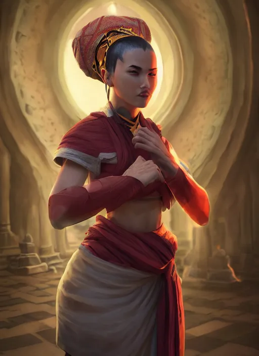 Prompt: A fantasy comic book style portrait painting of a female monk in a stunning fantasy temple, unreal 5, DAZ, hyperrealistic, octane render, cosplay, RPG portrait, dynamic lighting