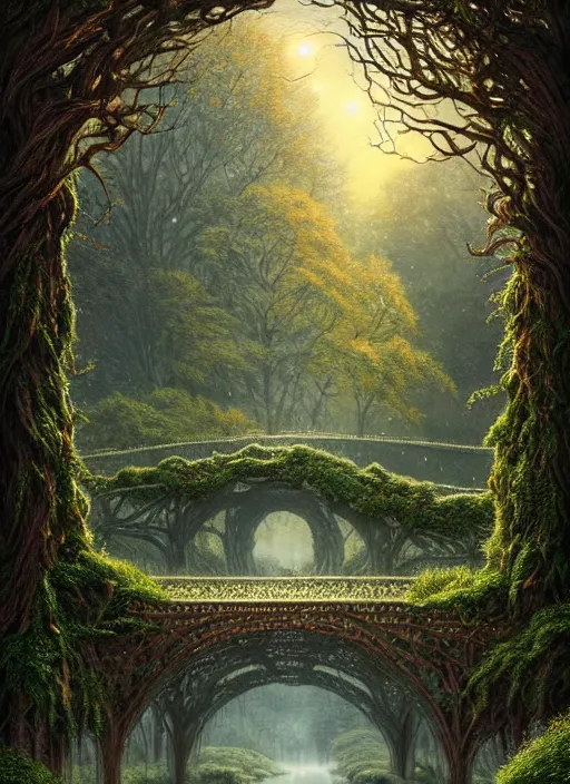 Image similar to book cover!!!!!!!!!!!!, old bridge, ivy vector elements at each border, fantasy forest landscape, fantasy magic, light night, intricate, elegant, sharp focus, illustration, highly detailed, digital painting, concept art, matte, art by wlop and artgerm and ivan shishkin and andrey shishkin, masterpiece