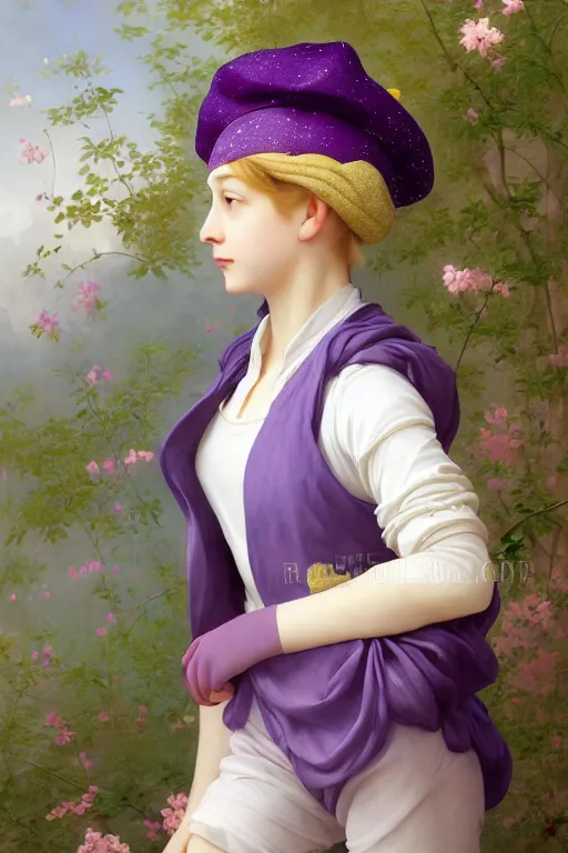 Image similar to Full View girl with short blond hair wearing an oversized purple Beret, Baggy Purple overall shorts, Short Puffy pants made of silk, silk shoes, a big billowy scarf, Golden Ribbon, and white leggings Covered in stars. Short Hair. masterpiece 4k digital illustration by Ruan Jia and Mandy Jurgens and Artgerm and william-adolphe bouguereau, award winning, Artstation, art nouveau aesthetic, Alphonse Mucha background, intricate details, realistic, panoramic view, Hyperdetailed, 8k resolution, intricate art nouveau