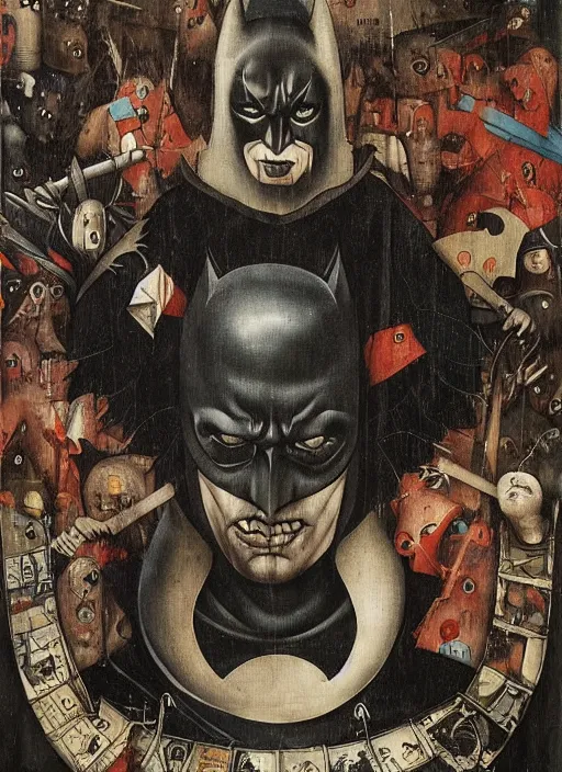 Image similar to The dark knight by Hieronymus Bosch and James Jean, rule of thirds, highly detailed features, perfect symmetry, horror elements, horror theme, award winning