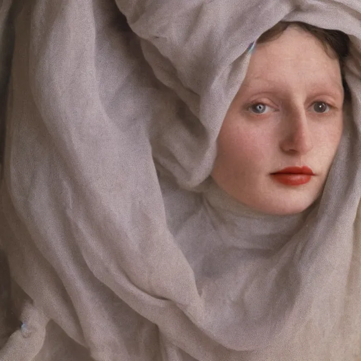 Image similar to closeup portrait of a woman wrapped in casement cloth, standing in alberobello italy, color photograph, by john currin, canon eos c 3 0 0, ƒ 1. 8, 3 5 mm, 8 k, medium - format print