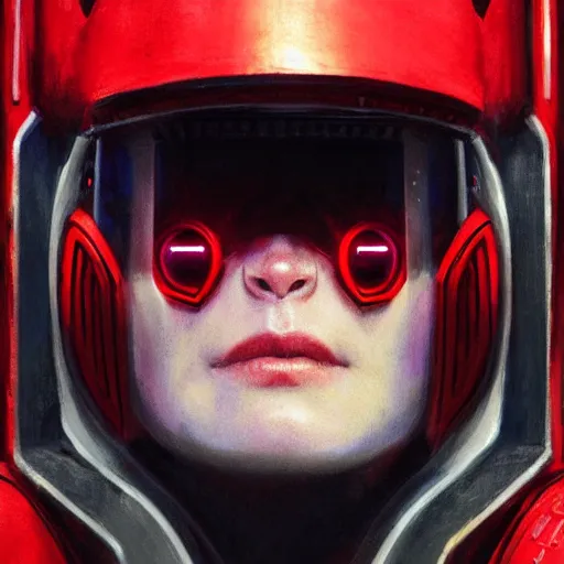 Prompt: robot with glowing red visor as a realistic scifi cyberpunk knight, closeup portrait art by donato giancola and greg rutkowski, realistic face, digital art, trending on artstation, symmetry!!!