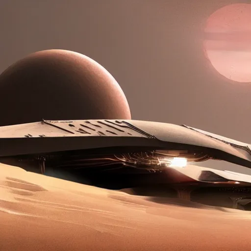 Prompt: giant spacecraft, highly detailed, trending on artstation, dune style, denis villeneuve