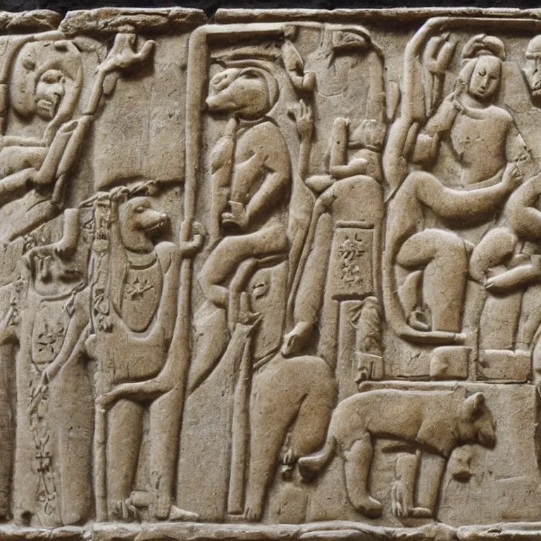 Image similar to ancient stone bas relief depicting people worshipping a shiba inu god