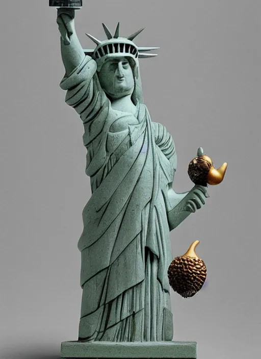 Prompt: A marble statue of squirrel standing in a pose of Statue of Liberty, holding an acorn, museum photo